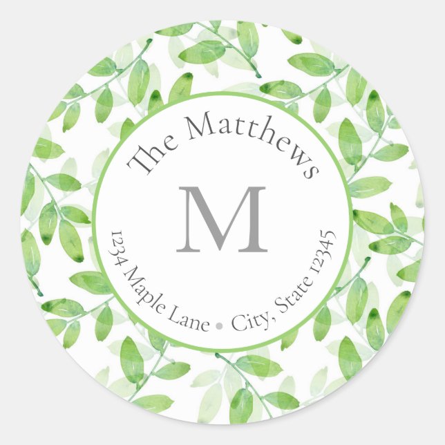 Adesivo Redondo Rótulos de Padrão de Folha de Água Verde (Frente)