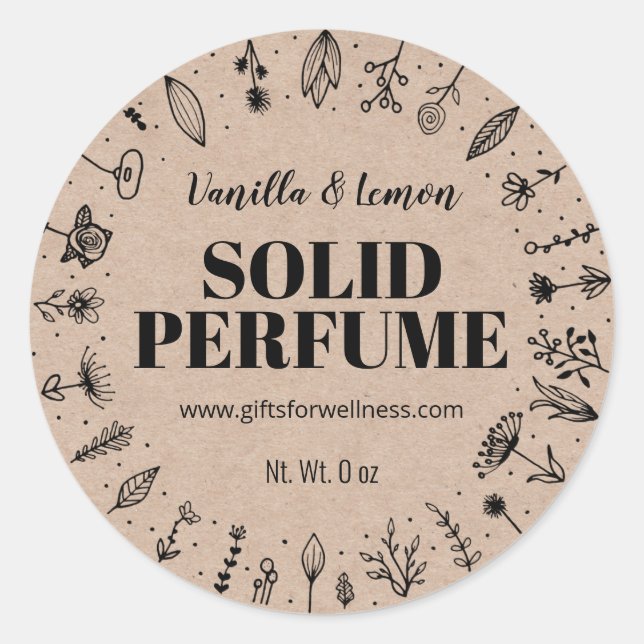 Adesivo Redondo Rótulos De Perfume Sólidos De Kraft E Flores (Frente)