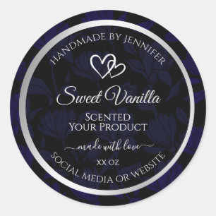 Adesivo Redondo Rótulos de Produto Floral Moderno Preto e Azul Pr