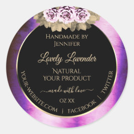 Adesivo Redondo Rótulos de Produto Preto com Moldura Roxo Floral