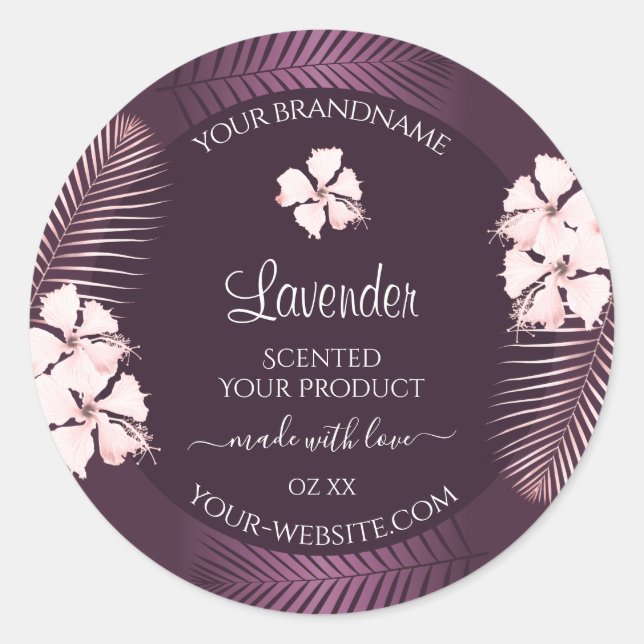 Adesivo Redondo Rótulos de Produtos Roxos Trópicos Flores Brancas  (Frente)