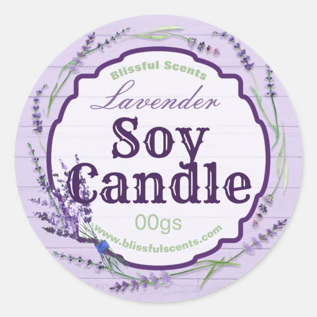 Adesivo Redondo Rótulos de Velas de Soja de Lavanda Roxo de Madeir (Frente)