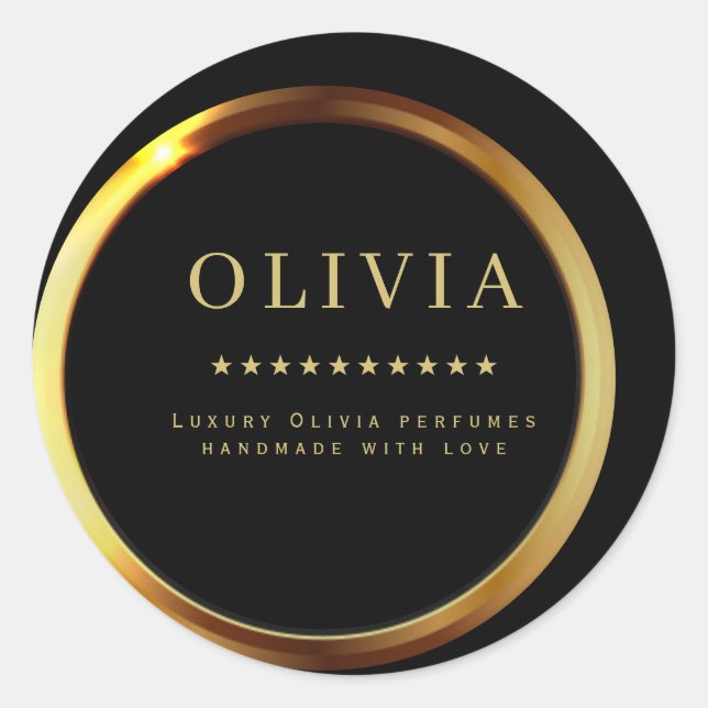 Adesivo Redondo Rótulos Dourados e Pretos (Frente)