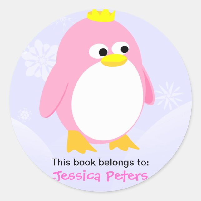 Adesivo Redondo Rótulos Personalizados Pinguins Rosa (Frente)