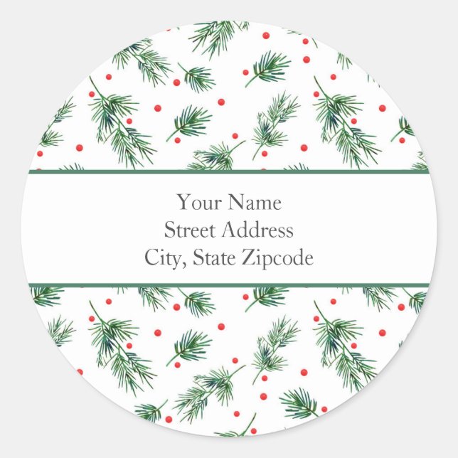 Adesivo Redondo Rótulos "Pinho de Aquarela e Padrão de Berries" (Frente)