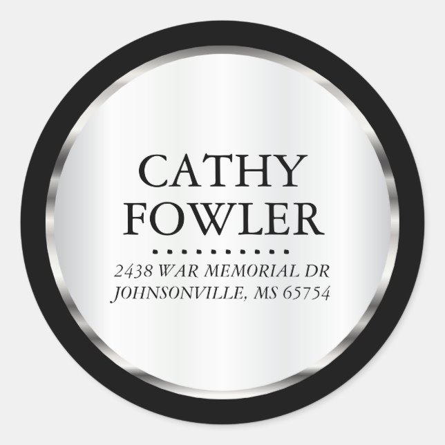 Adesivo Redondo Rótulos Prateado de Endereços Redondos, Preto e Br (Frente)