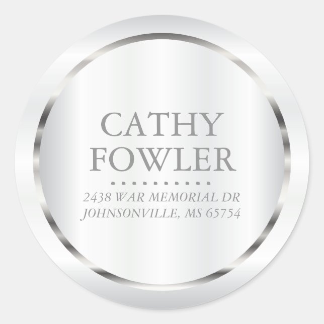 Adesivo Redondo Rótulos Prateado e Branco de Endereços Redondos (Frente)