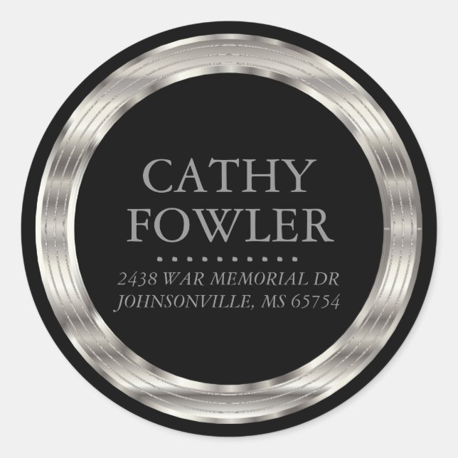 Adesivo Redondo Rótulos preto e prateado de endereço redondo (Frente)