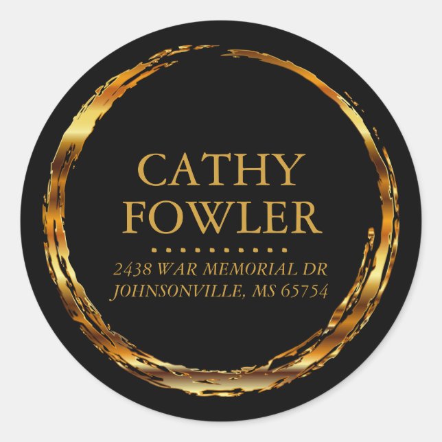 Adesivo Redondo Rótulos Pretos e Dourados Grungy Address (Frente)