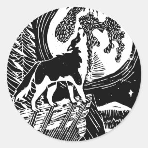 Adesivo Redondo Rouco de Howling Preto e Branco no Linocut da Noit