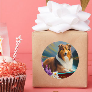 Adesivo Redondo Rough Collie em uma Canoa: Uma Aventura Cênica