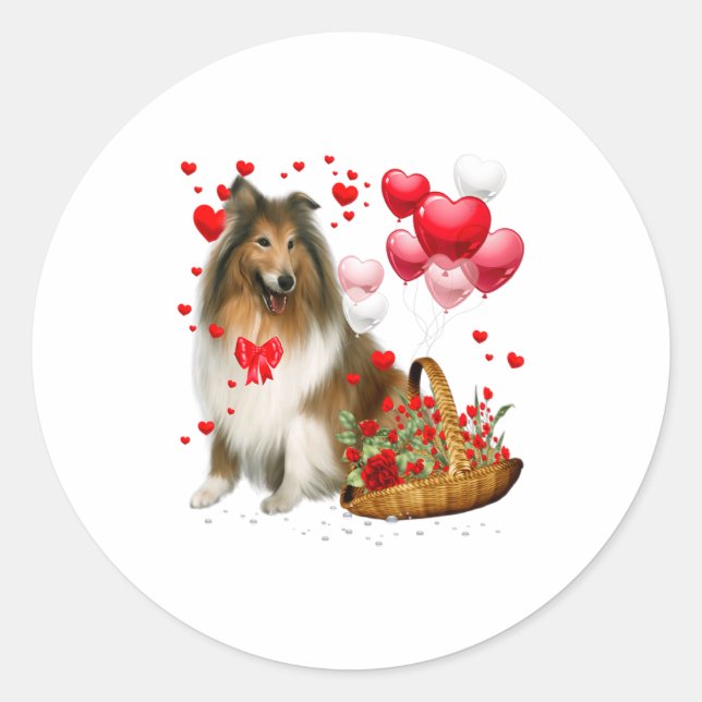 Adesivo Redondo Rough Collie Heart Balloon Happy Valentine Day Dog (Frente)