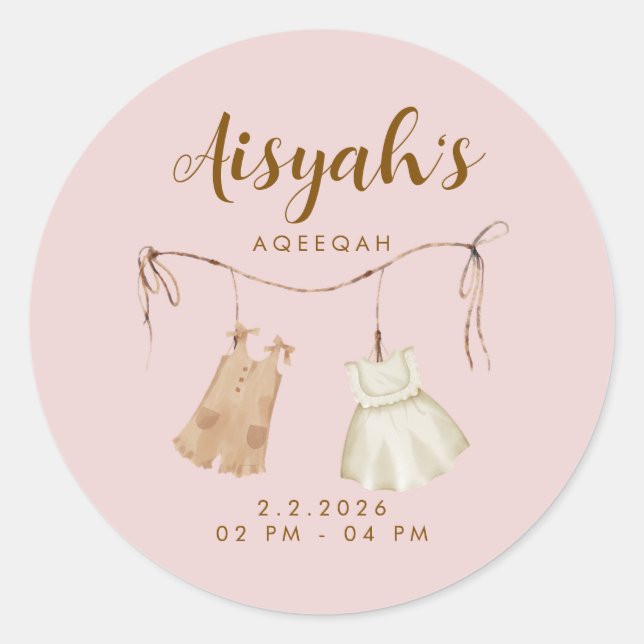 Adesivo Redondo Round Pink Gold Aqiqah Favor Stickers (Frente)