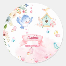 Adesivo Redondo round sticker first birthday party butterfly garde