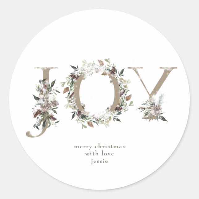 Adesivo Redondo Round Sticker Natal JOY Kraft Foliday Florals (Frente)