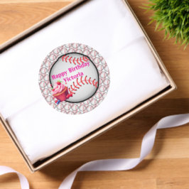 Adesivo Redondo Round Stickers Pink White Stripe Baseball Birthday