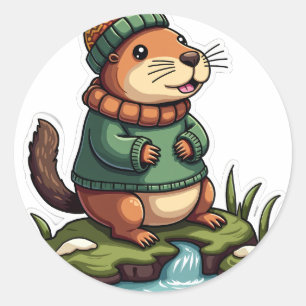 Adesivo Redondo Roupa de Inverno de Capivara Aconchegante Floresta