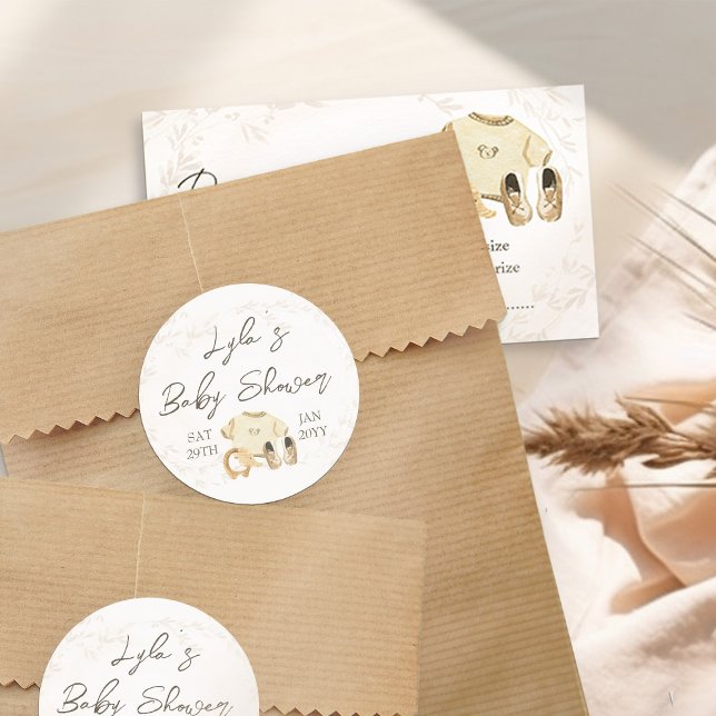 Adesivo Redondo Roupas para bebês Chá de fraldas neutro (Gender Neutral Baby Shower Stickers - from my Baby Clothes Baby Shower Collection)