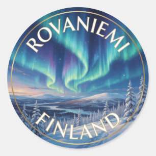 Adesivo Redondo Rovaniemi Lapland Finlândia Cena de Inverno Aurora