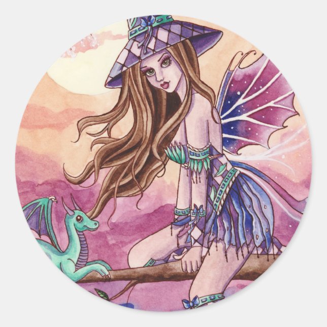 Adesivo Redondo Rowenia - Vinheta de bruxas e dragões (Frente)