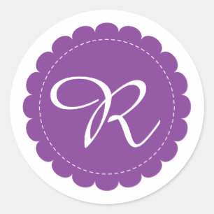 Adesivo Redondo Roxo brilhante monograma Scalloped do Cursive do