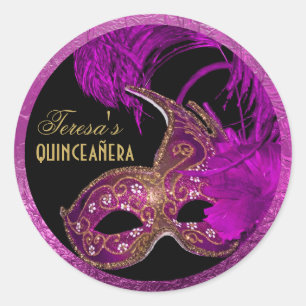Adesivo Redondo Roxo do aniversário do quinceañera do mascarada