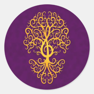 Adesivo Redondo Roxo dourado da árvore musical do Clef de triplo