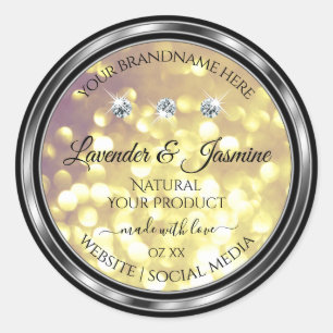 Adesivo Redondo Roxo Dourado Rótulo do Produto Diamantes Prateado