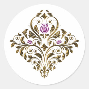 Adesivo Redondo Roxo e Dourado Floral Ornamentado Vintage