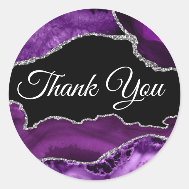 Adesivo Redondo Roxo e Prata Agate Obrigado (Frente)