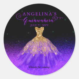 Adesivo Redondo Roxo Elegante | Dourado palhaço espanhol Quinceañe