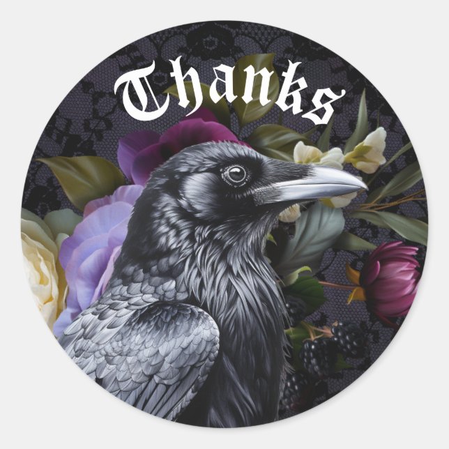 Adesivo Redondo Roxo Elegante Moody | Buquê Floral Com Raven (Frente)