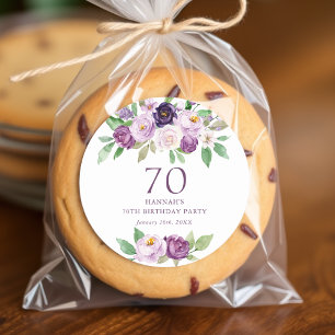 Adesivo Redondo Roxo Elegante Violet Floral 70 Birthday