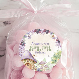 Adesivo Redondo Roxo Fada Primeiro Morango Primeiro Aniversário