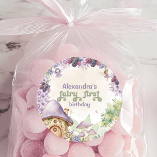 Adesivo Redondo Roxo Fada Primeiro Morango Primeiro Aniversário