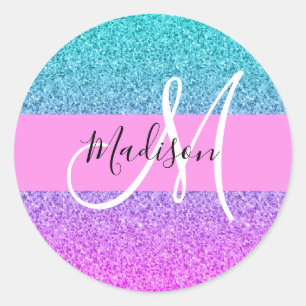 Adesivo Redondo Roxo Glitter Brilho Gradiente Monograma Aqua Glam