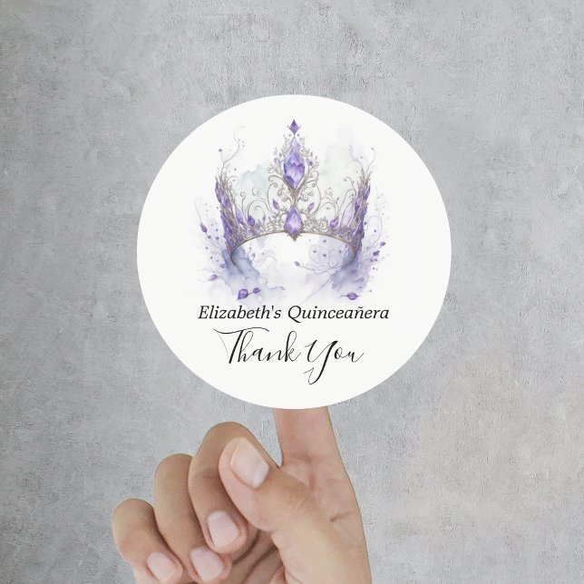 Adesivo Redondo Roxo Lilac Tiara Quinceañera Obrigado (Purple Lilac Tiara Quinceañera Thank You Classic Round Sticker
)