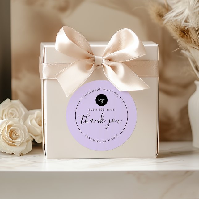 Adesivo Redondo Roxo, obrigado, feito à mão com amor (Purple Thank You Handmade with Love Classic Round Sticker)