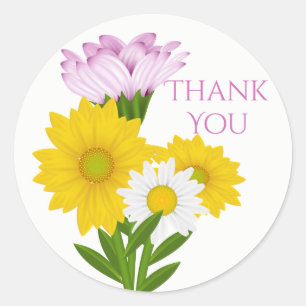 Adesivo Redondo Roxo Obrigado Flores Amarelas Sunflower Daisy