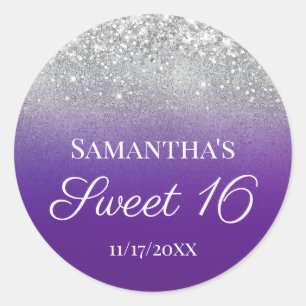 Adesivo Redondo Roxo Prata Ombre Glitter Sweet 16