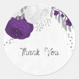 Adesivo Redondo roxo real e flores brancas clássicas prateadas
