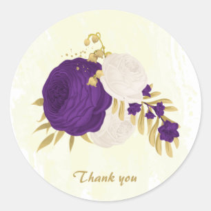 Adesivo Redondo roxo real e flores brancas obrigado ouro