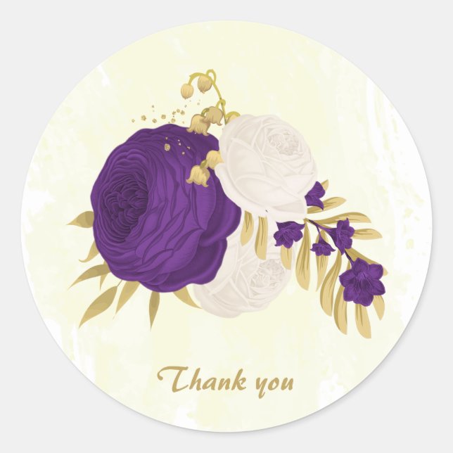 Adesivo Redondo roxo real e flores brancas obrigado ouro (Frente)