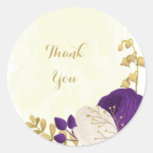Adesivo Redondo roxo real e flores brancas obrigado ouro