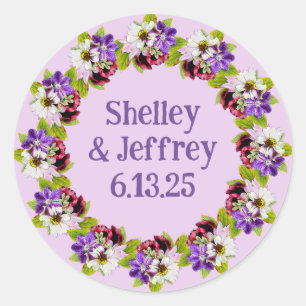 Adesivo Redondo Roxo Romântico Daisy Wedding Floral Wreath