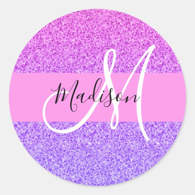 Adesivo Redondo Roxo Rosa Glitter Faísca Gradiente Monograma (Frente)