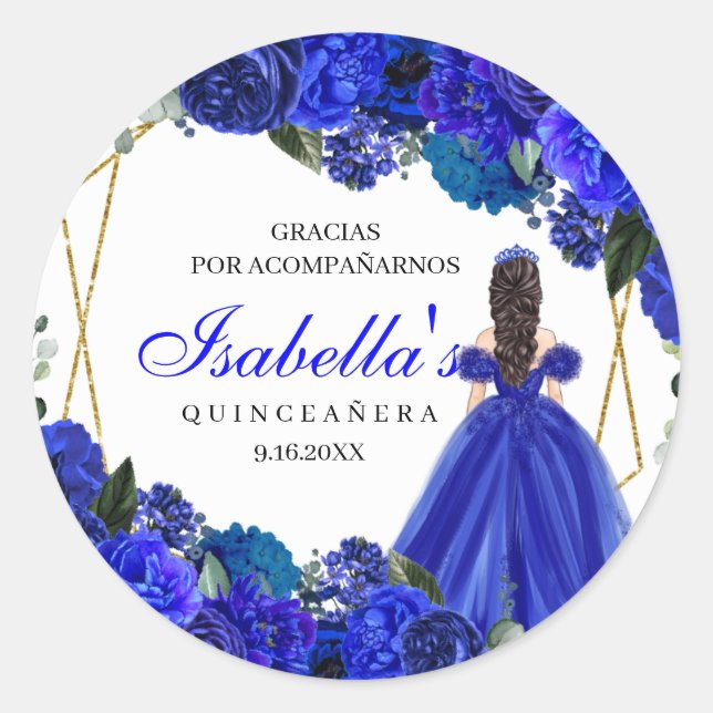 Adesivo Redondo Royal Blue and Gold Floral Quinceanera (Frente)