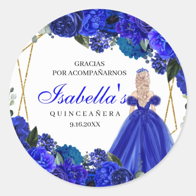 Adesivo Redondo Royal Blue e Dourada Quinceanera Clássica Rou (Frente)