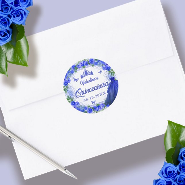 Adesivo Redondo Royal Blue Glitter Floral Sparkle Quinceanera (Blue Glitter Floral Sparkle Quinceanera Classic Round Sticker)