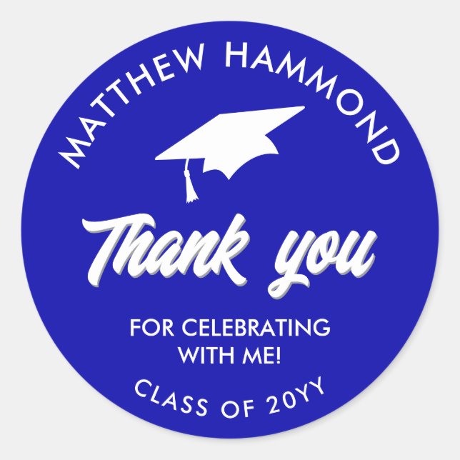 Adesivo Redondo Royal Blue Graduating Class Thank You Grad Cap (Frente)